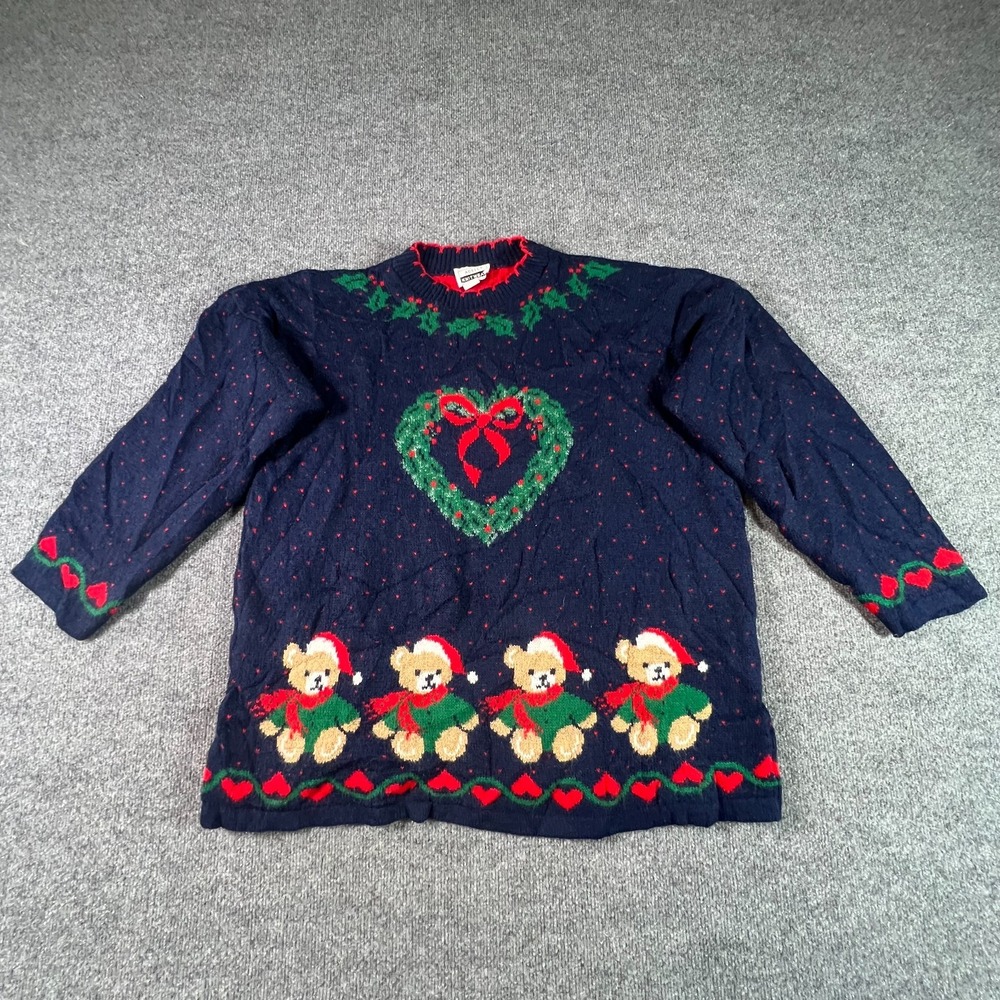 Vintage 90s Adele Knitwear Sweater Women 20W Plus Navy Teddy Bear Ugly Christmas